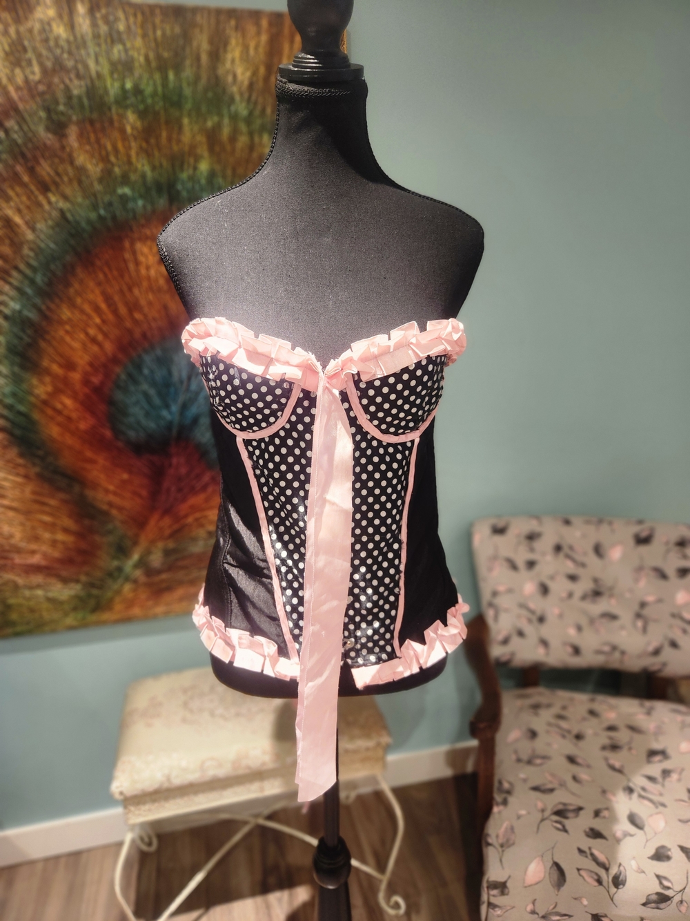 Pink & Black Polka Dot Satin Bustier Corset
